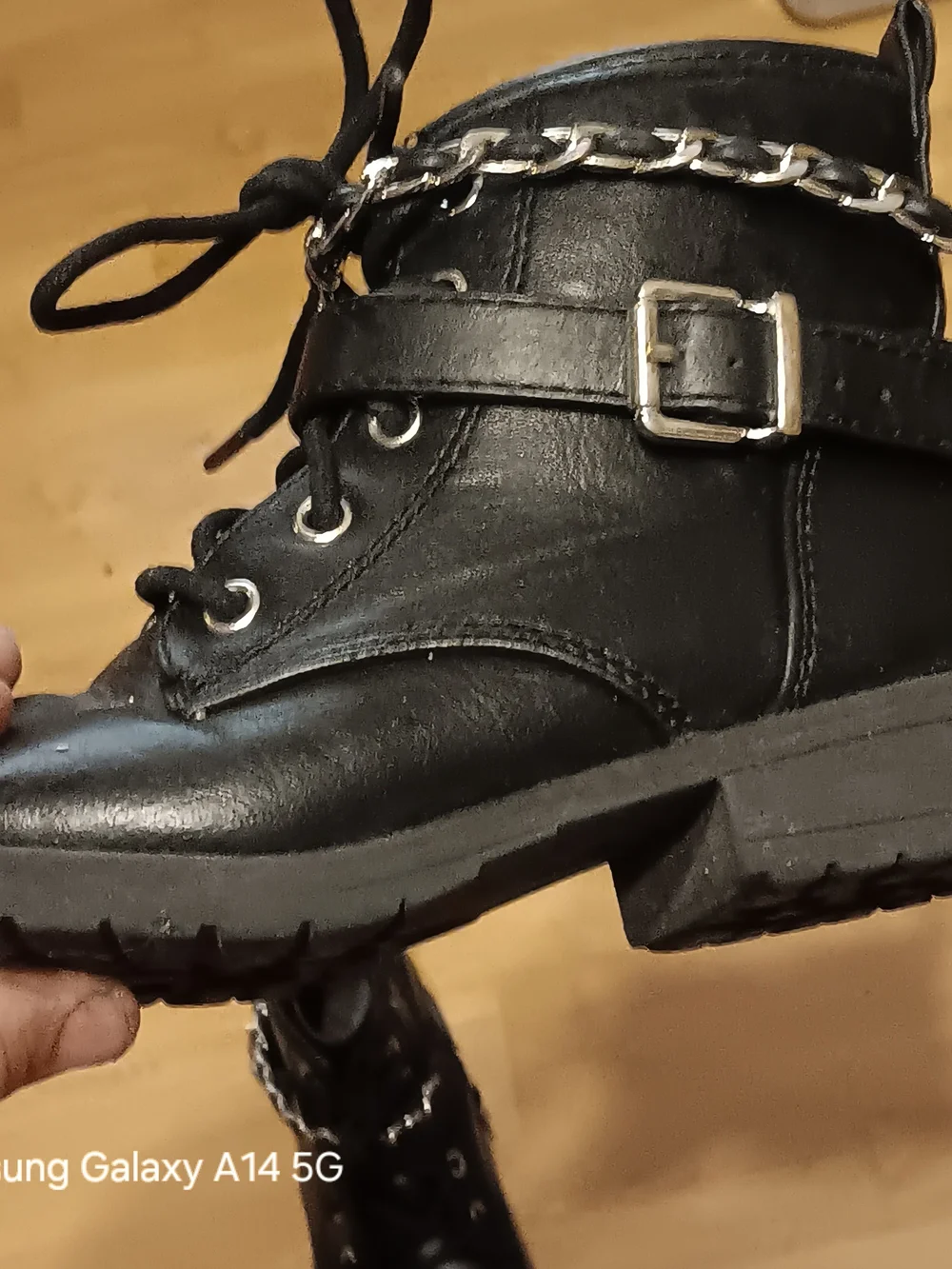 wonder nation Black Lace-Up Kids Ankle Boots with Chain Accent